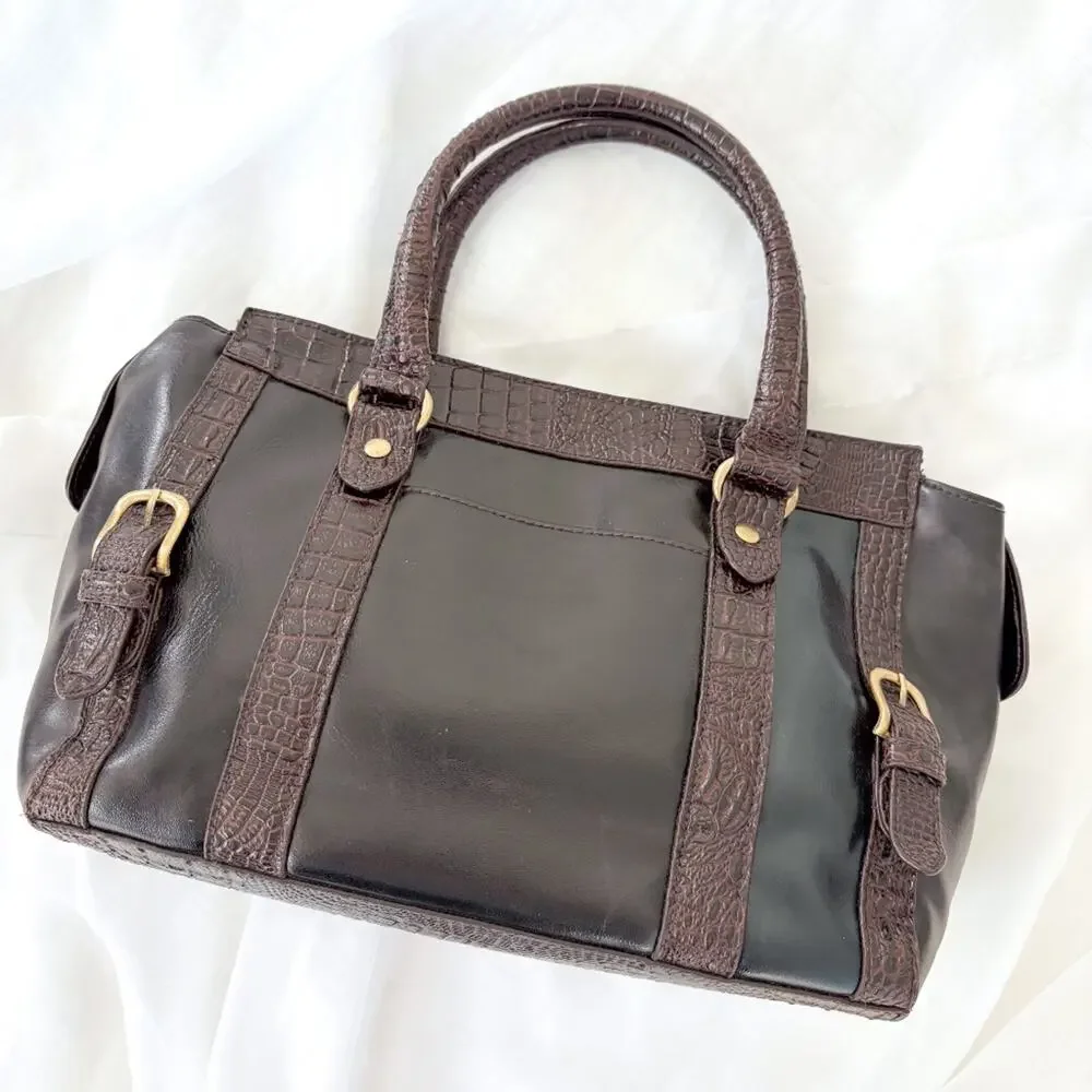 GAL Brown Faux Leather Doctor Purse Handbag Croc Embossed Bowling Bag Minimalist